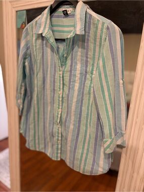 90’s Lightweight Striped Button-Down Shirt - Mint, Blue & White